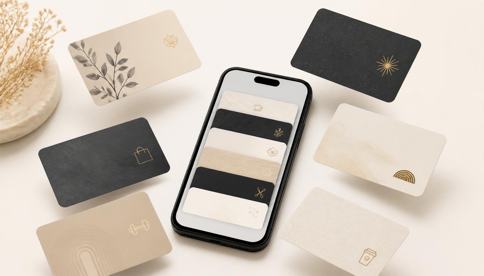 Digital WeLoyal loyalty cards floating above a phone showing wallet cards.