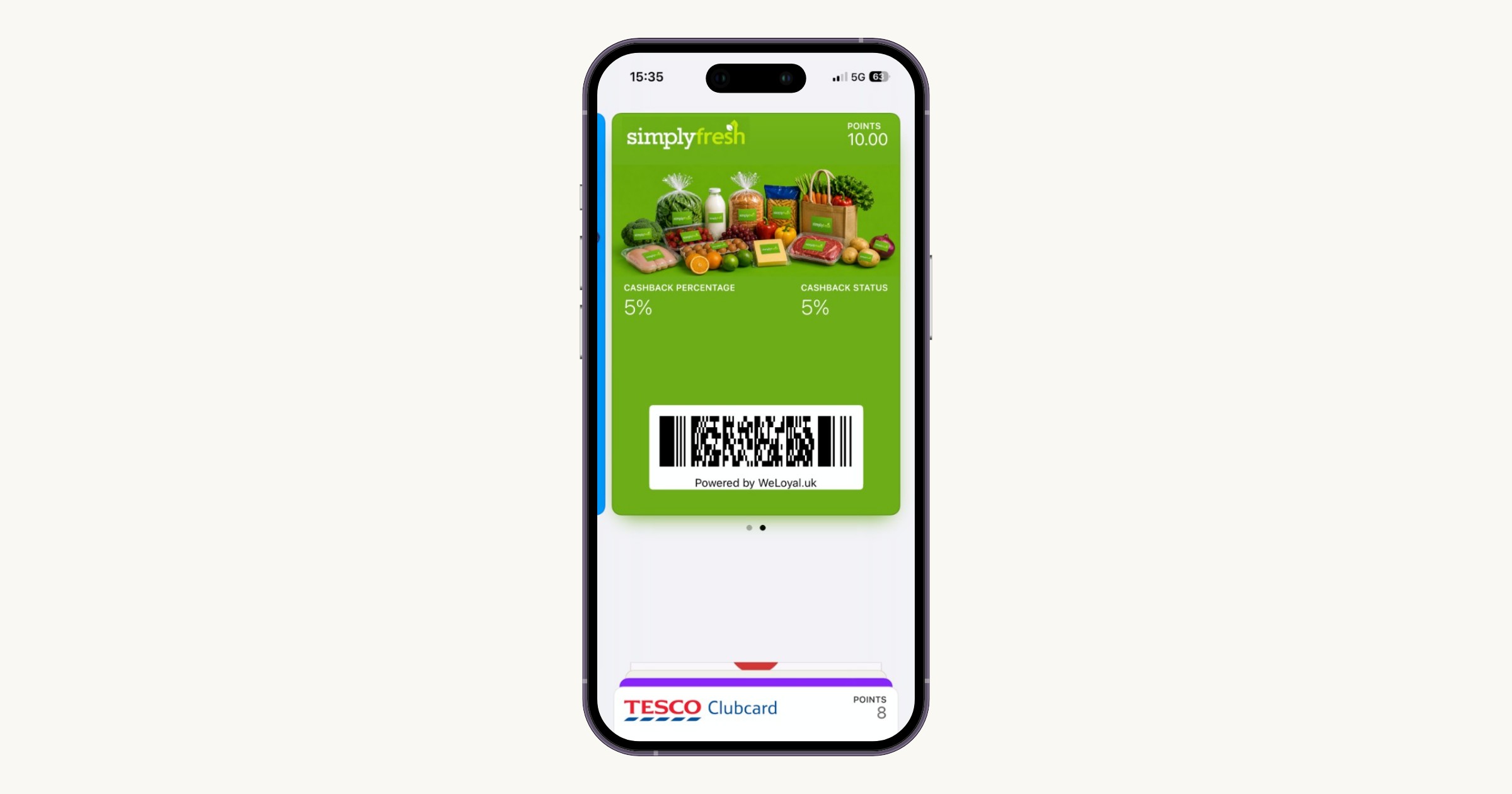A WeLoyal cashback card showing a points balance in a phone wallet.