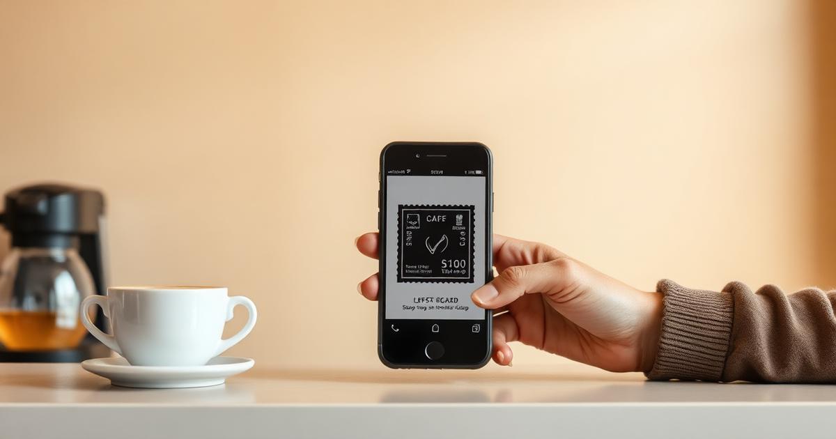 A hand holding a phone showing a WeLoyal stamp card beside a coffee on a café counter.