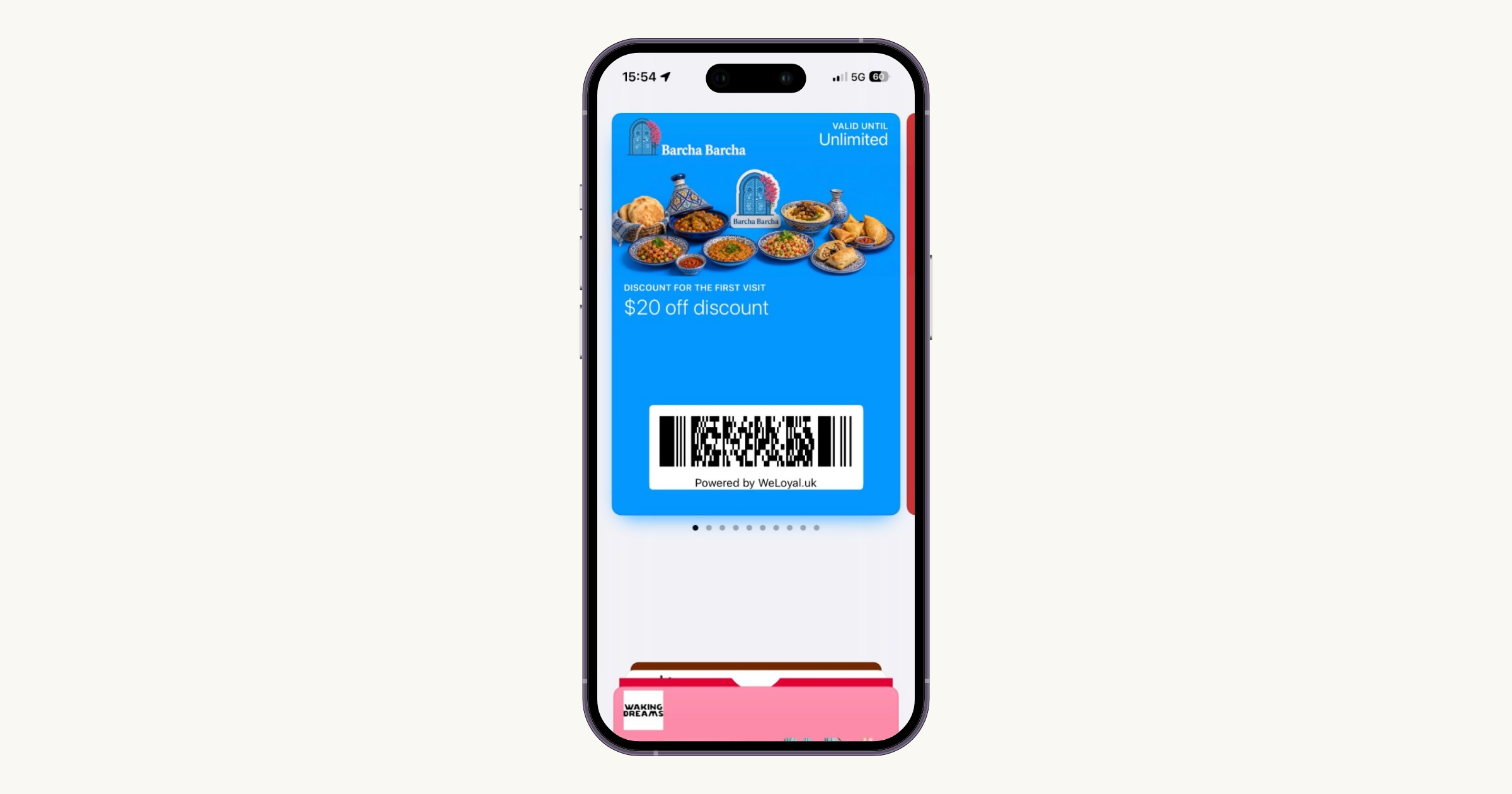 A WeLoyal coupon card showing a first-visit offer in a phone wallet.