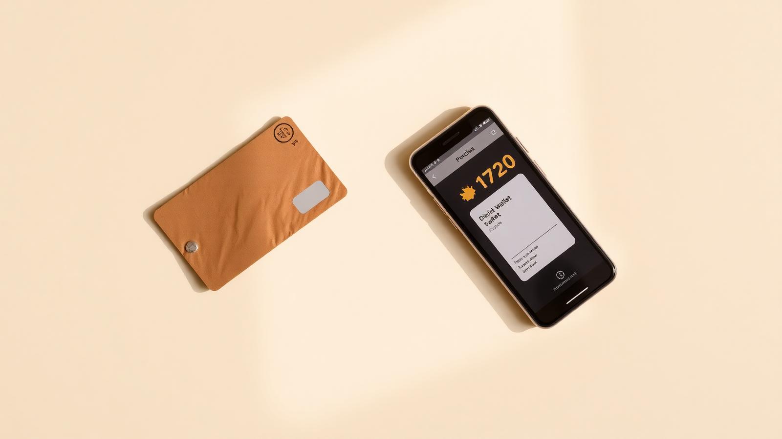 A paper punch card, a plastic card, and a phone with a digital wallet card compared on a cream background.