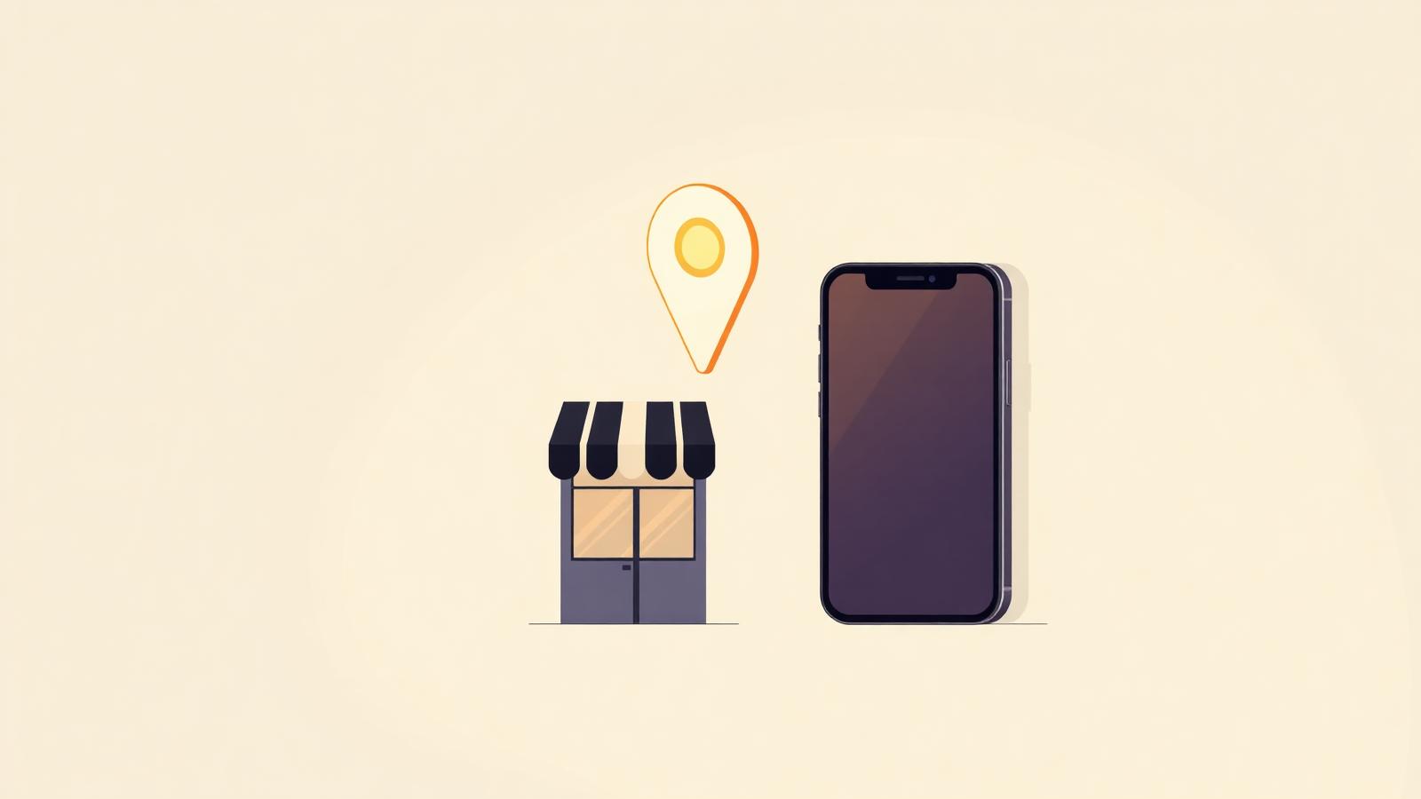 A phone beside a storefront with a location pin, illustrating geo-located notifications, on a cream background.