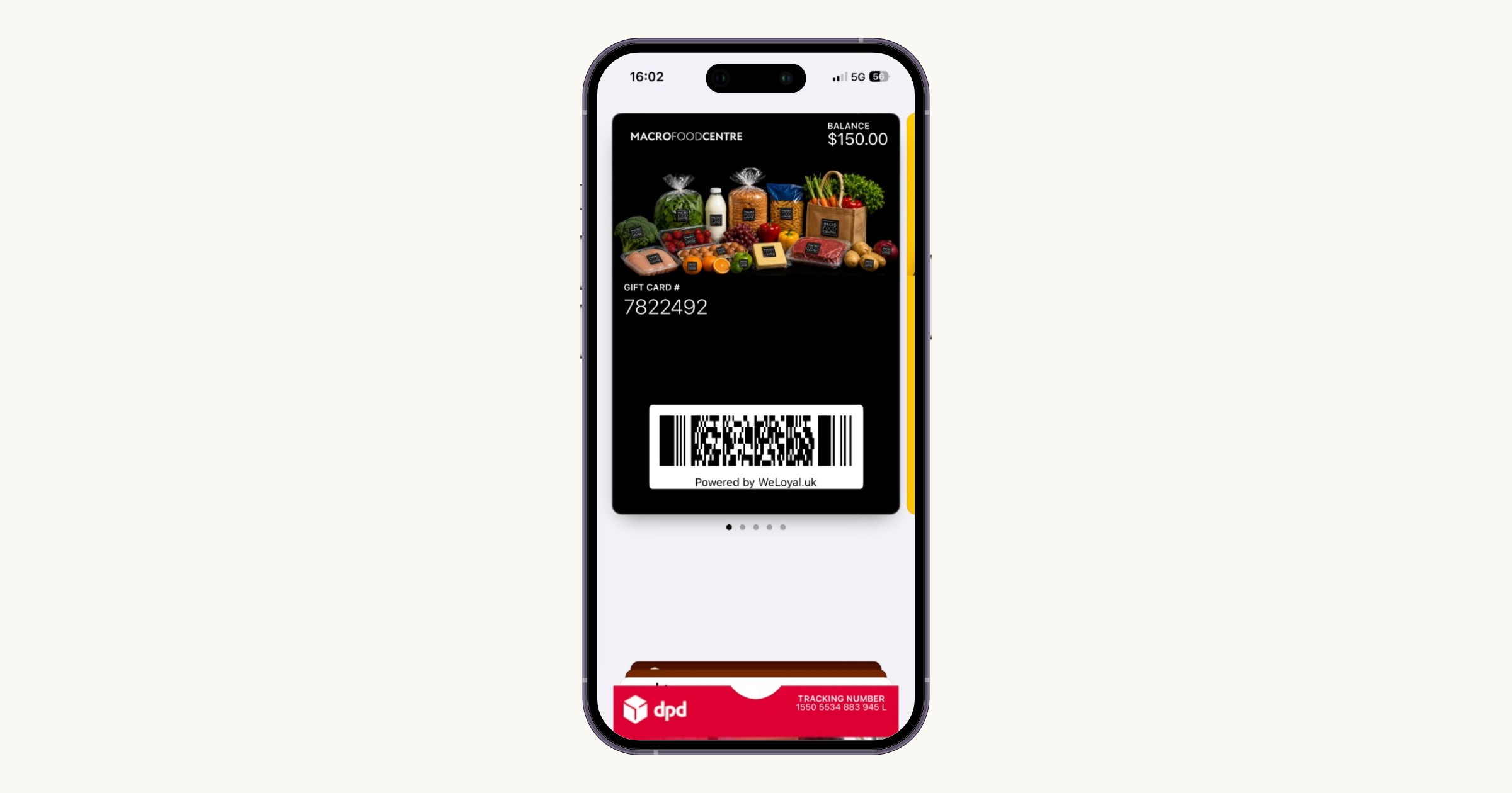 A WeLoyal digital gift card showing a prepaid balance in a phone wallet.