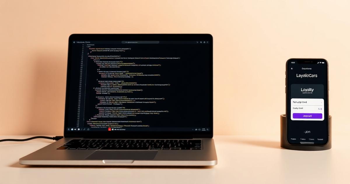A laptop showing API code beside a phone displaying a WeLoyal loyalty card on a cream background.
