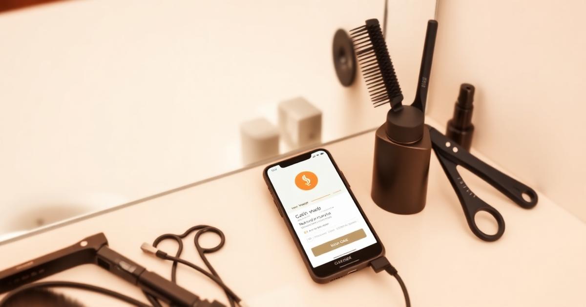 A salon vanity with styling tools beside a phone showing a WeLoyal cashback loyalty card.