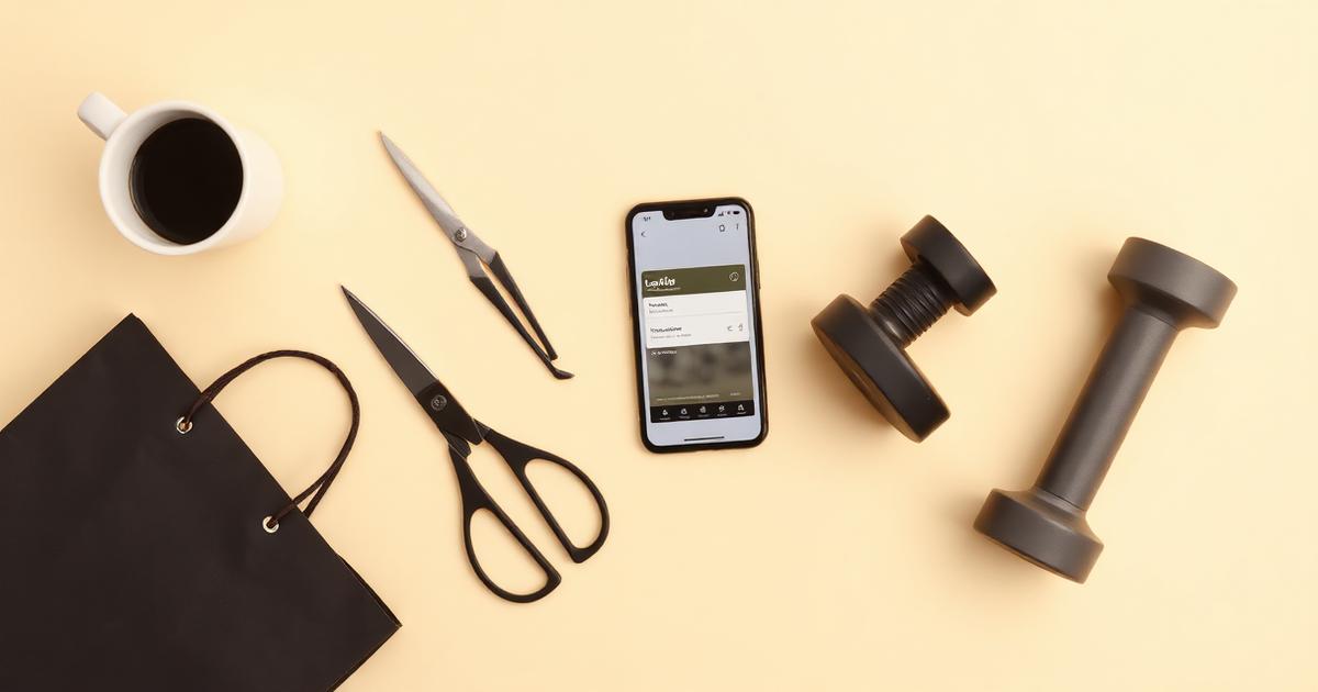 A coffee cup, shopping bag, salon scissors, and dumbbell around a phone showing a WeLoyal card.