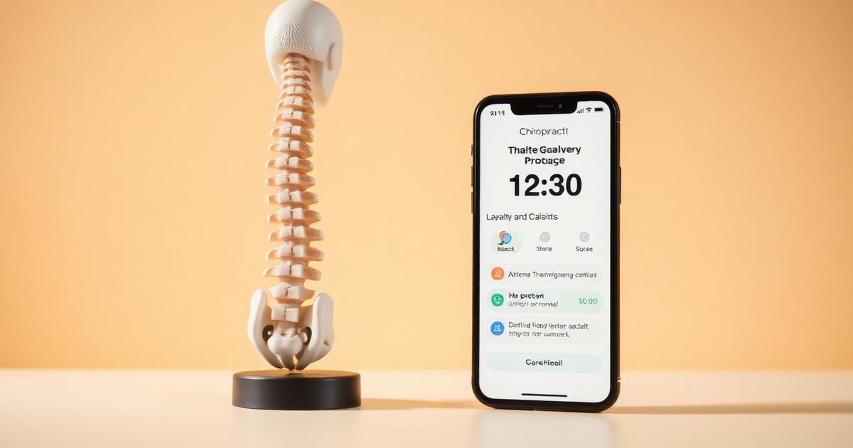 A spine wellness model beside a phone showing a WeLoyal treatment-package loyalty card.