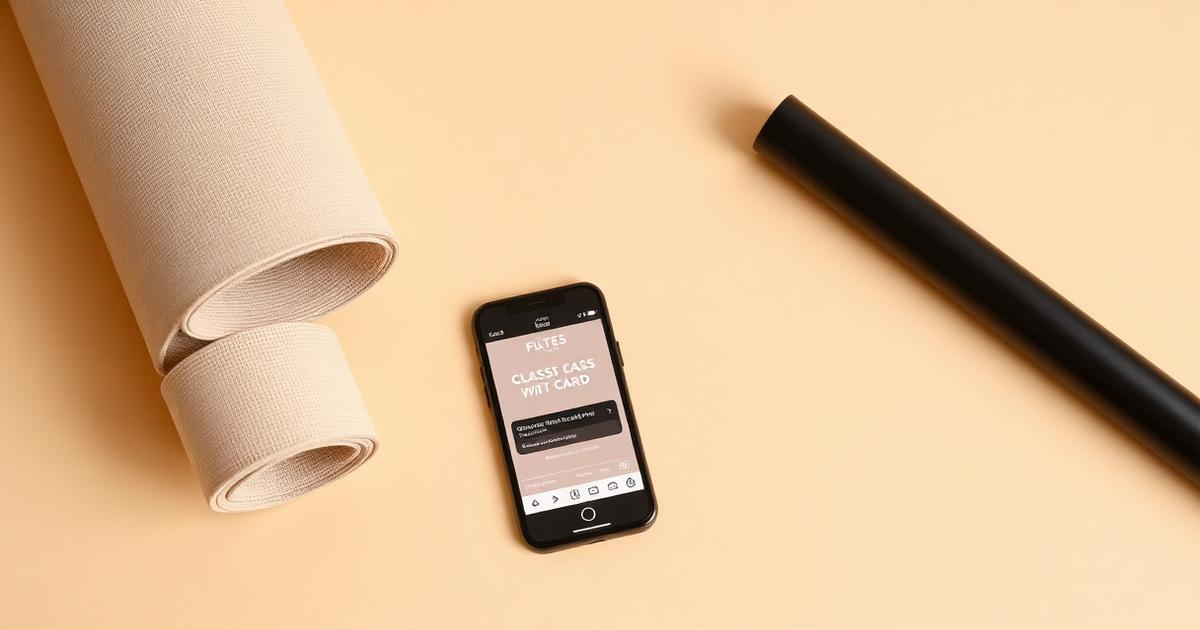 A rolled yoga mat beside a phone showing a WeLoyal class-pass loyalty card on a cream background.