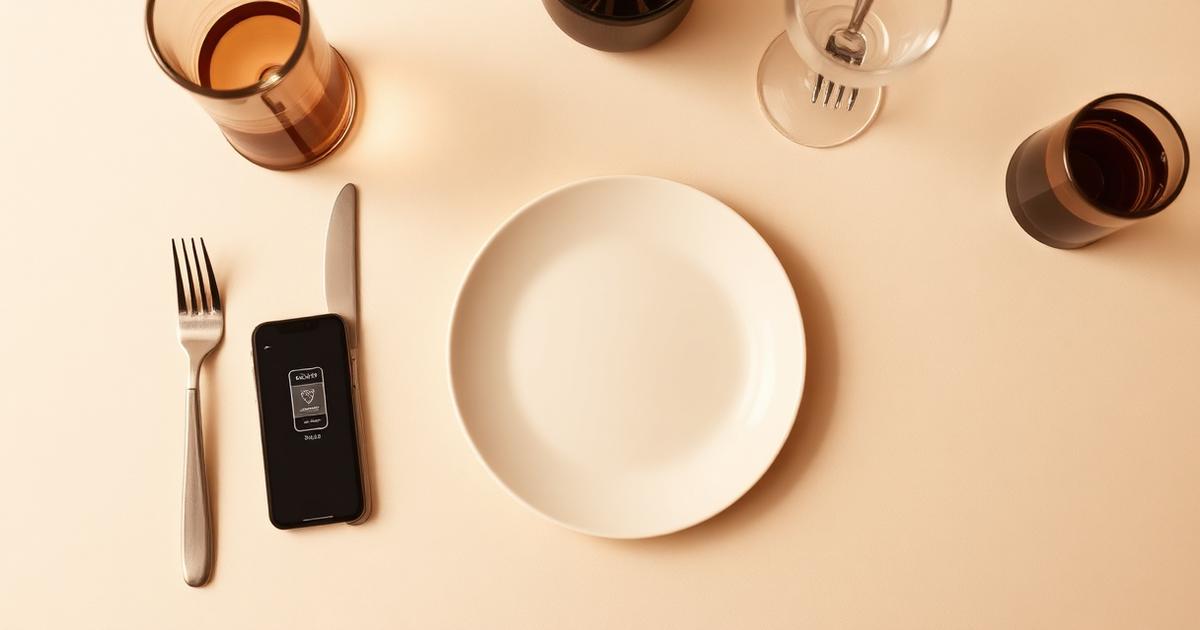 An elegant restaurant place setting beside a phone showing a WeLoyal loyalty card on a cream background.