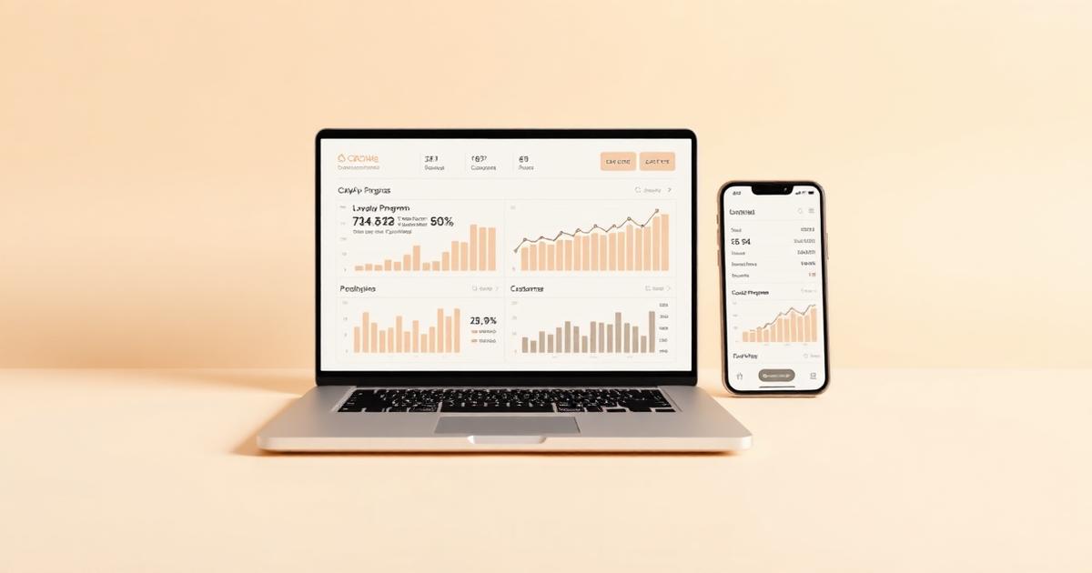 A laptop and phone showing a WeLoyal loyalty analytics dashboard on a cream background.