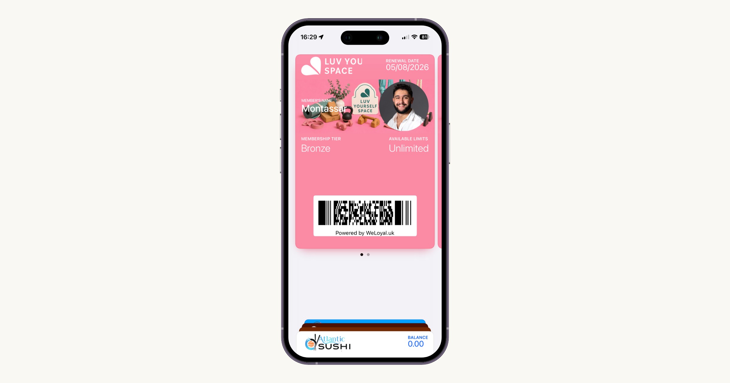 A WeLoyal membership card showing member status in a phone wallet.