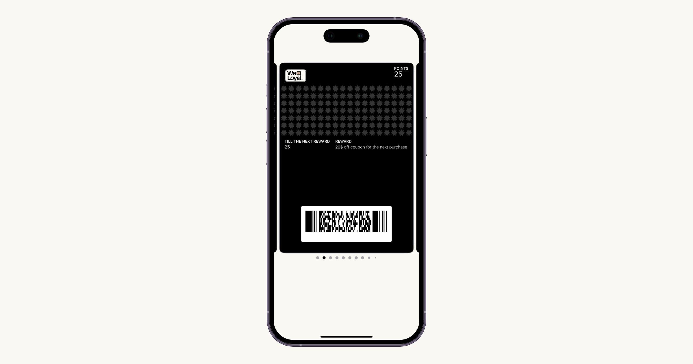 A WeLoyal reward card showing a points reward system in a phone wallet.