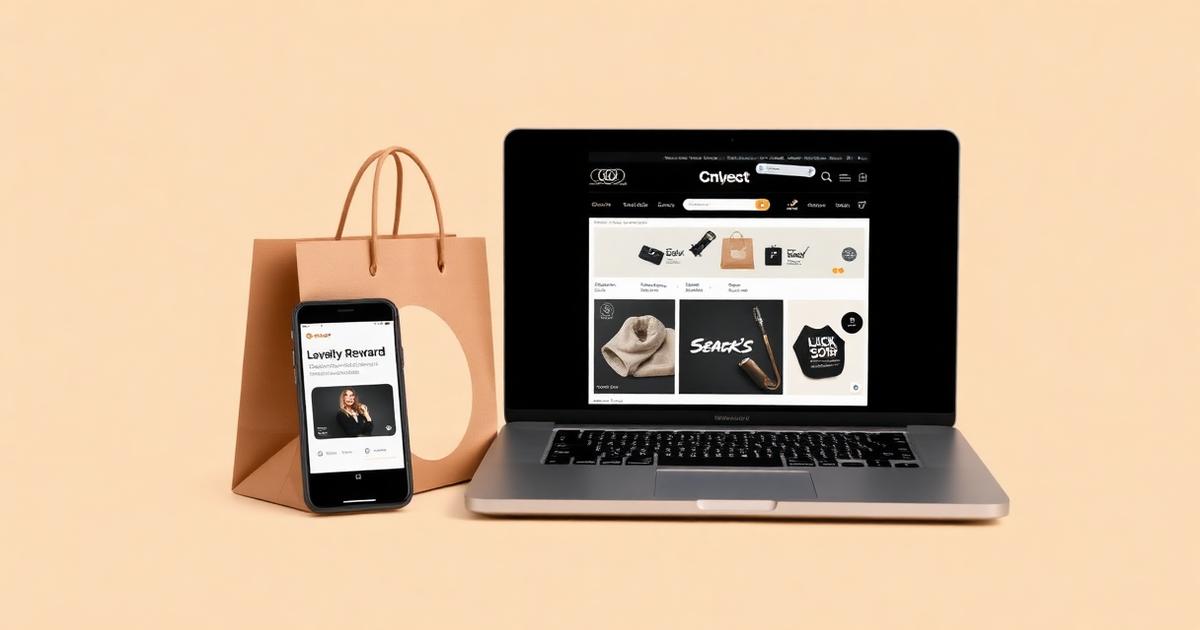 A Shopify storefront on a laptop beside a shopping bag and a phone showing a WeLoyal reward card.