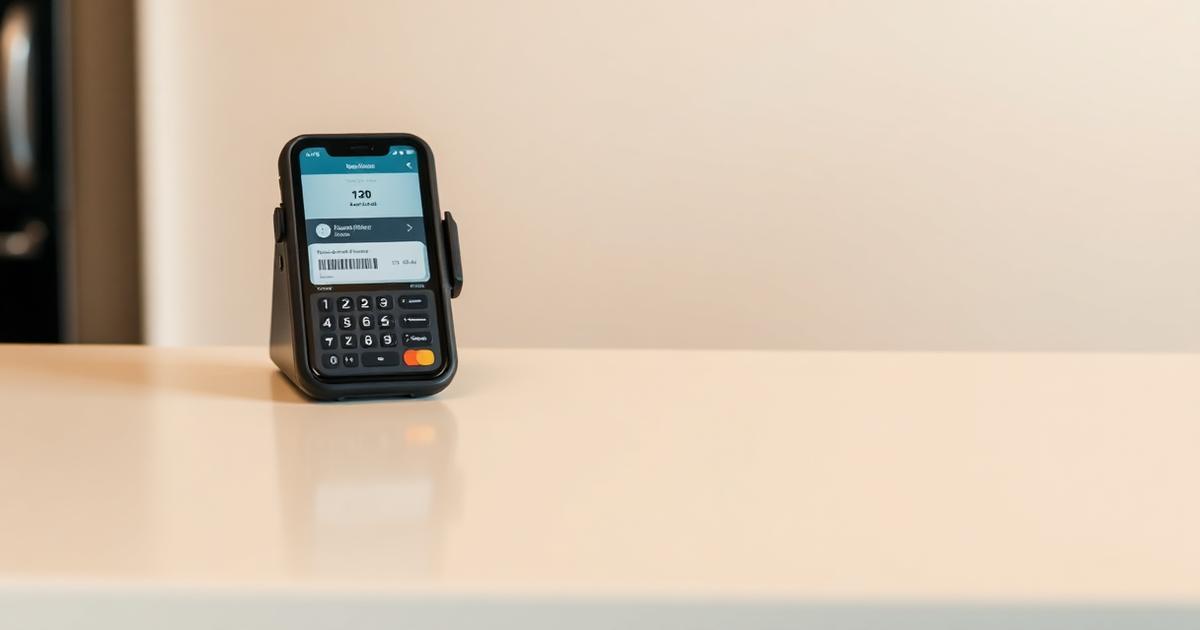 A Square-style card reader and a phone showing a WeLoyal loyalty card on a retail counter.
