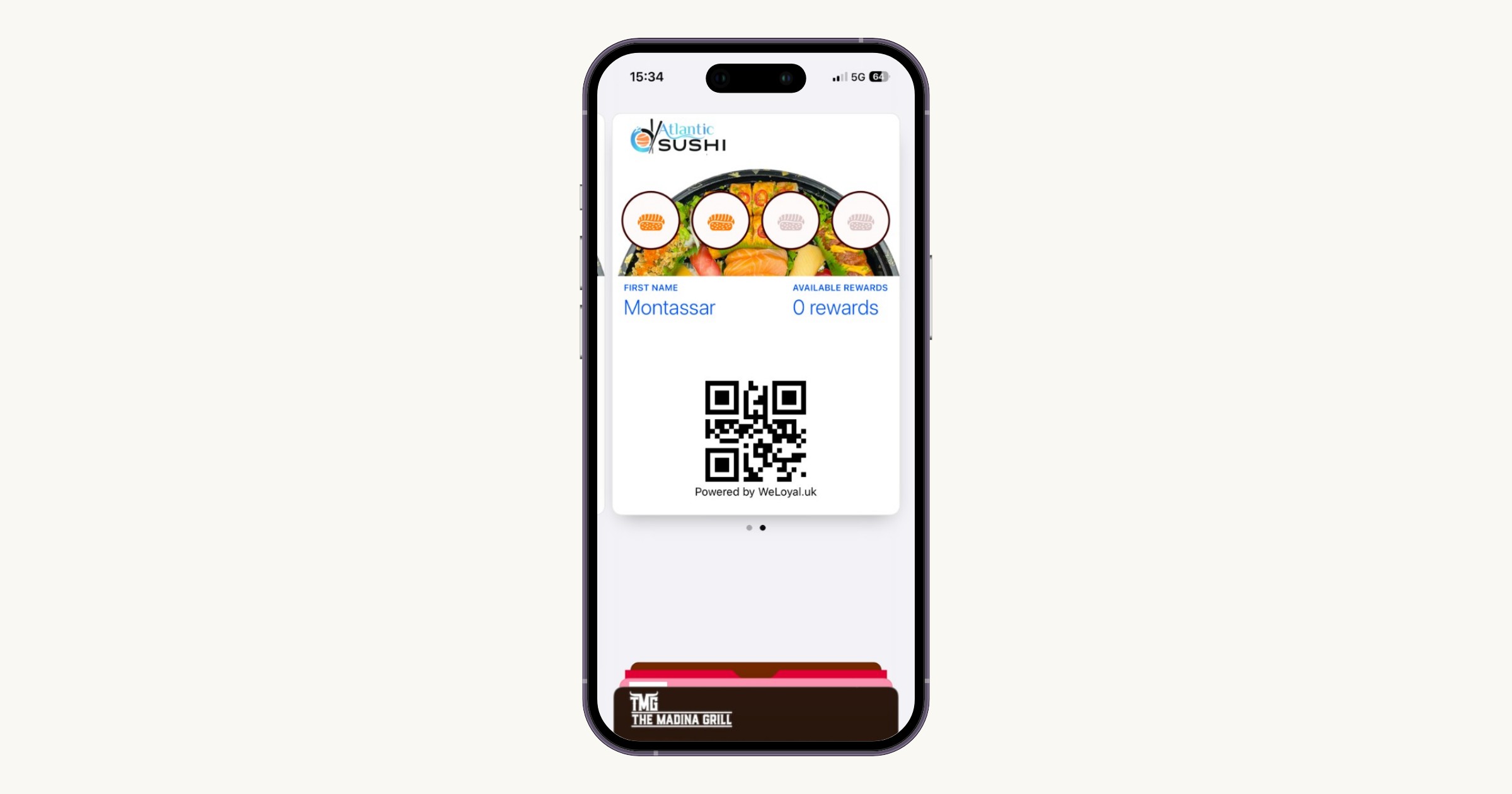 A WeLoyal digital stamp card shown in Apple Wallet on a phone.