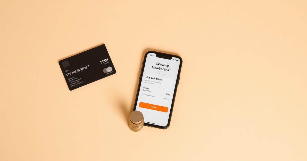 A phone showing a recurring membership payment beside a stack of coins and a card on a cream background.