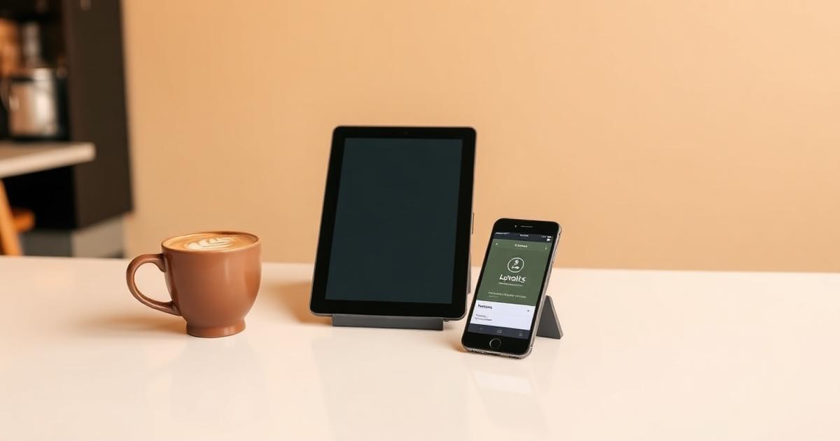 A Toast POS tablet, coffee, and a phone showing a WeLoyal loyalty card on a café counter.
